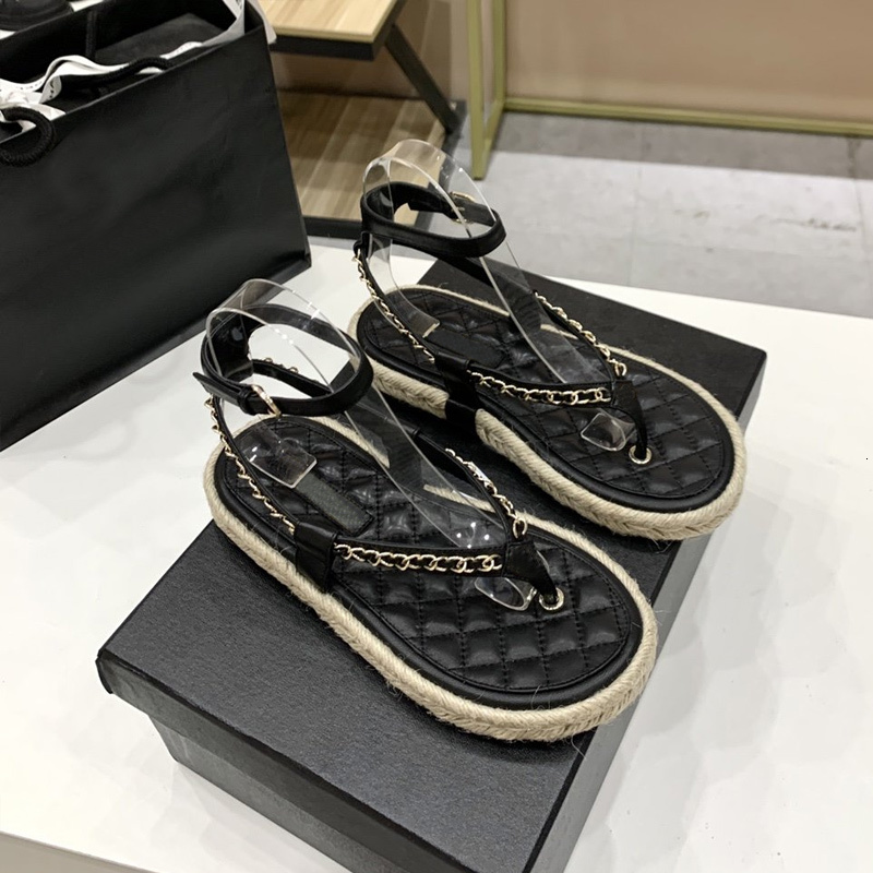 

dress shoes designer brand ladies hemp rope braided sandals leather chain sweet shoes summer ankle straps t5ti, Black