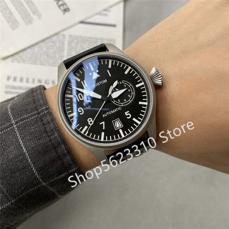 

Classic New Automatic Mechanical Wrist watch Male Seven days Power Reserve Black Leather Yellow Gold calendar Big Pilot 46mm, Multi-color