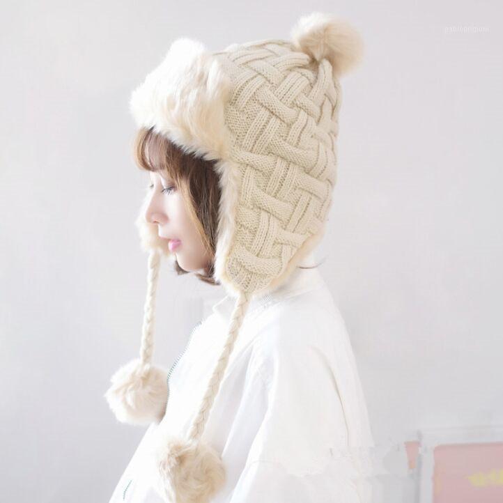

Berets Winter Women Casual Knitted Beanies With Tail Lady Twist Pattern Thick Warm Plush Earflap Knitting Skullies Bomber Cap, 003