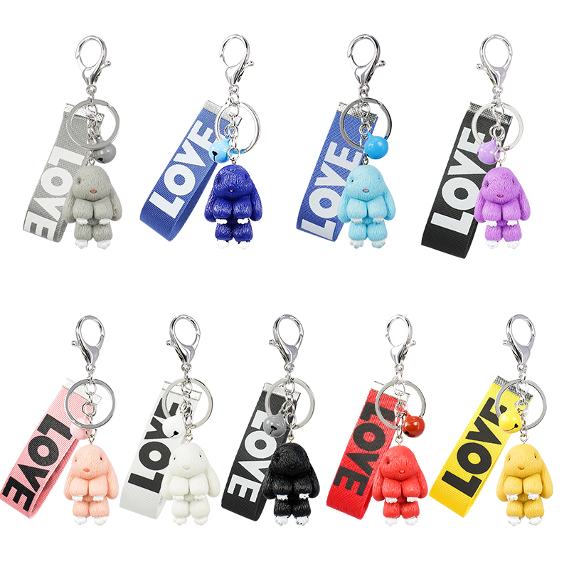 

Cute gift multicolor resin bunny keychain alloy color bell accessories LOVE braided belt ladies bag ornaments