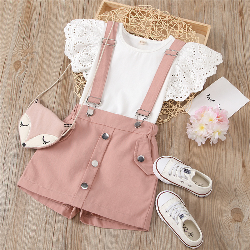 

Summer Girl Clothes Set Hollow Flying Sleeve O-neck Top + Suspender Shorts 2Pcs Casual Kids Suit For 1-6 Year Old Girls, Pink