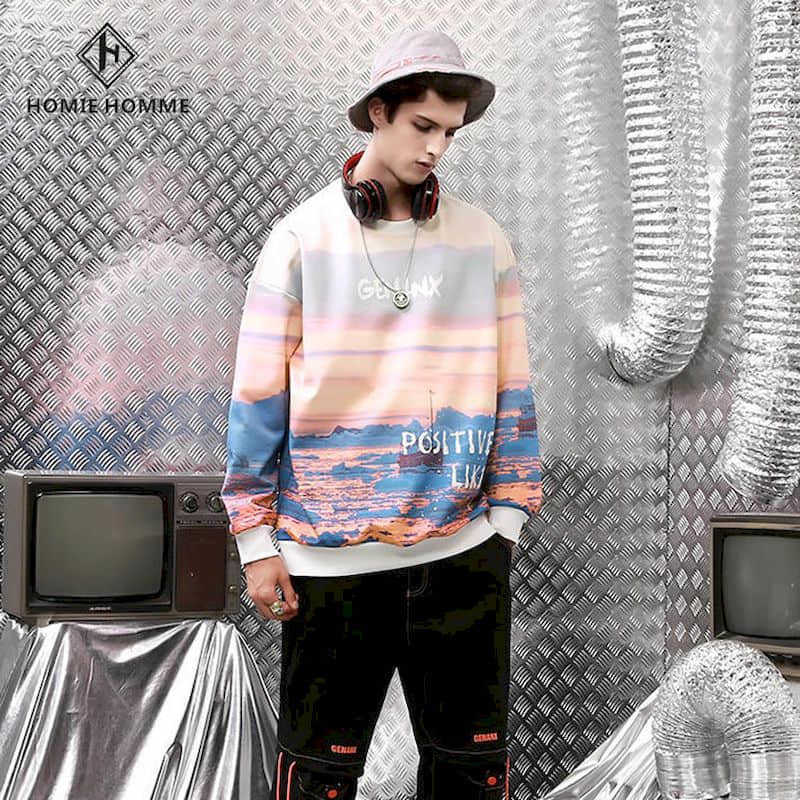 

Trendy hip hop couple's sweatshirt gradients print original night style student trend male and female bat loose coat 210526, Color grad