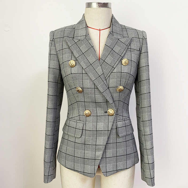 

HIGH QUALITY est Designer Jacket Women' Classic Plaid Slim Fitting Double Breasted Lion Buttons Blazer 210526, Beige