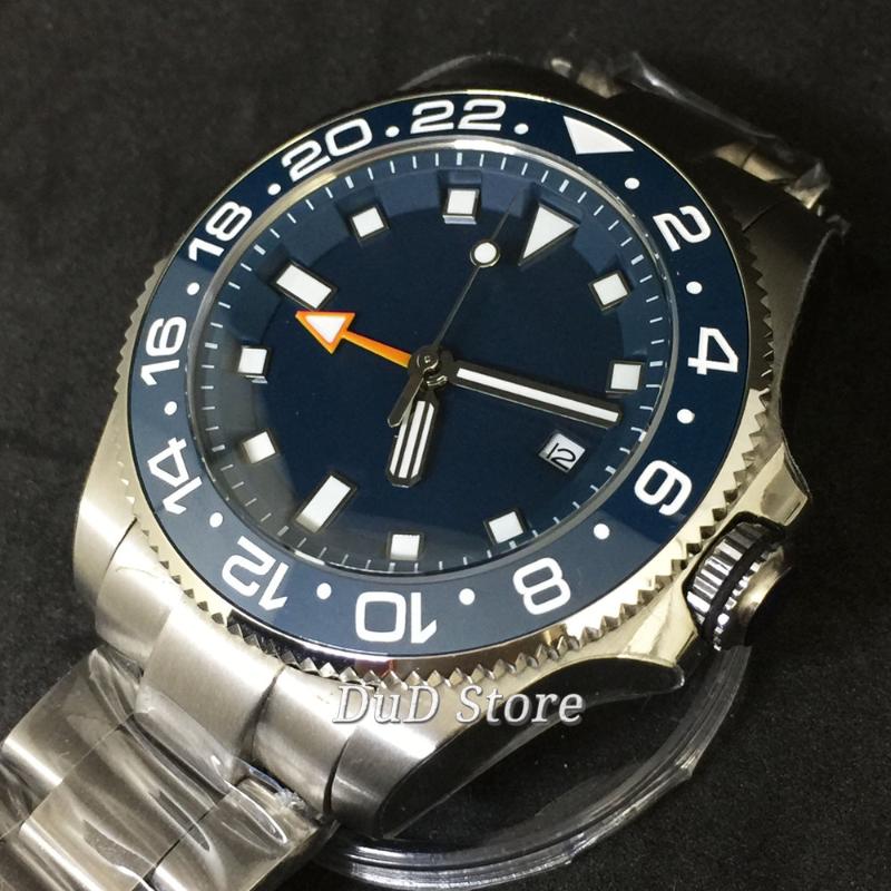 

Wristwatches 43mm Mechanical Watch Silver Case Sapphire Glass Blue Sterile Dial Ceramic Bezel Luminous GMT Automatic Men's, Style 1