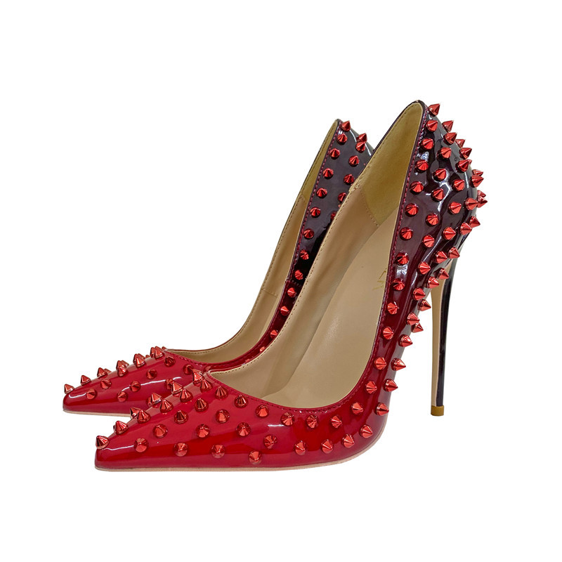 

Gradient Black Red Women Shoes Sexy Spikes Pointy Toe High Heel Party Shoes 8cm 10cm 12cm Slip On Stiletto Pumps with Studs Ladies Bride Wedding Shoe, 8cm heel