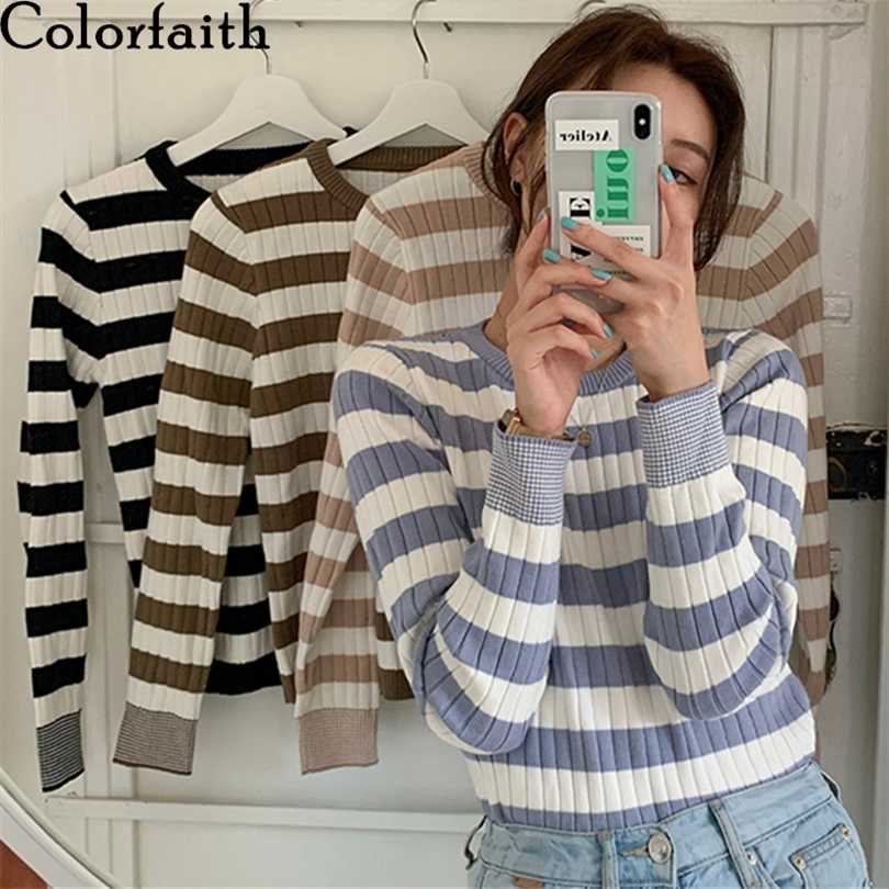 

Colorfaith Spring Autumn Women's Sweaters Pullover Slim Bottoming Knitted Striped Vintage Korean Lady Wild Tops SW6690 211018, Black