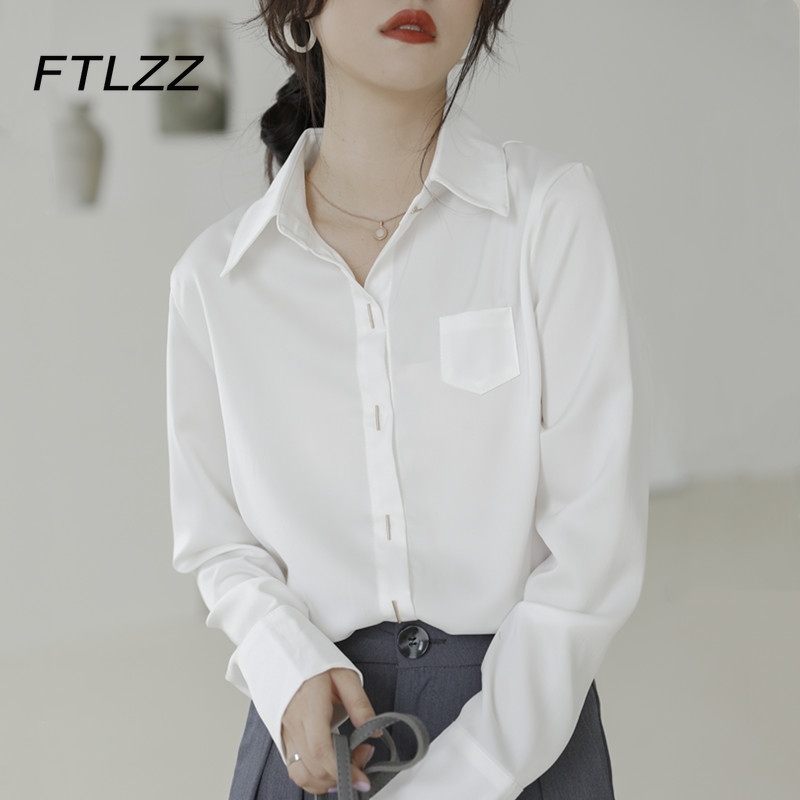 

Women Office Blouse Fashion Spring Autumn Long Sleeve Button Up Satin White Shirts Ladies Korean Casual Tops Clothes 210602
