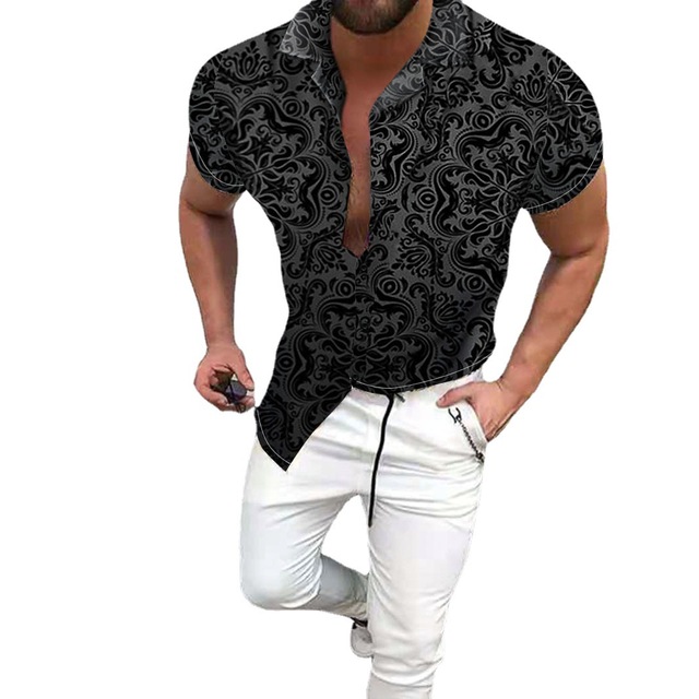 

Retro Flowers Print Casual Trendy Slim Short Sleeve Shirt Men Men's Summer Blouses & Shirts products Streetwear, Black