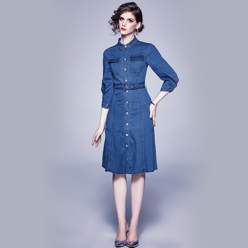 

Women Denim Summer Dress Casual Vintage Lantern Sleeve Single-Breasted Dresses Vestidos 210520, Photo color