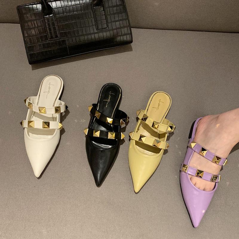 

Rivet Strap Pointed Toe Flat Shoes Women Mule Slippers Rocker Style Slip On Comfy Slide Design Spring Footwear, Black
