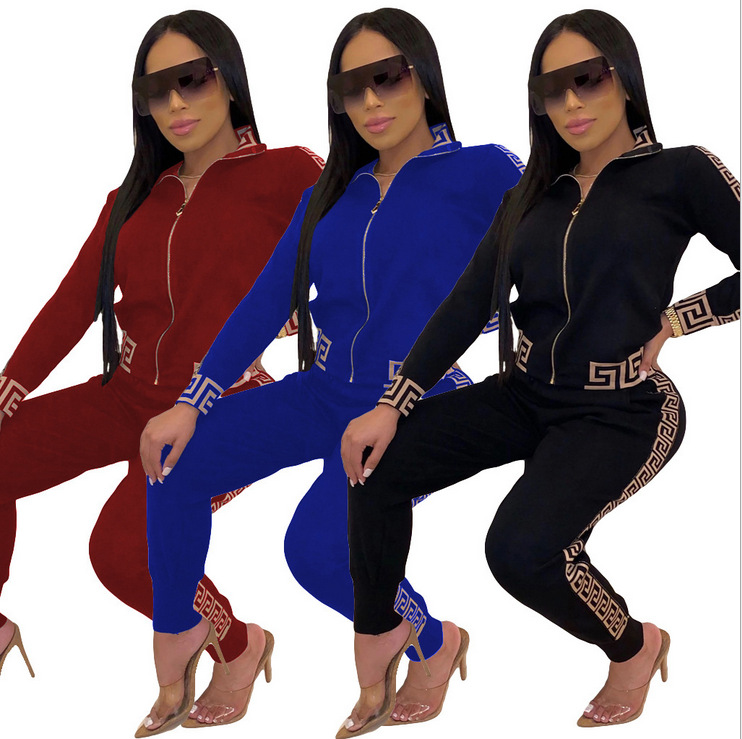 

Tracksuits Women Elegant Two Pieces Suit Sets Pants Female Stylish Plus Size Greek Fret Print Coat & Pants Zip Mujer Joggers, Black