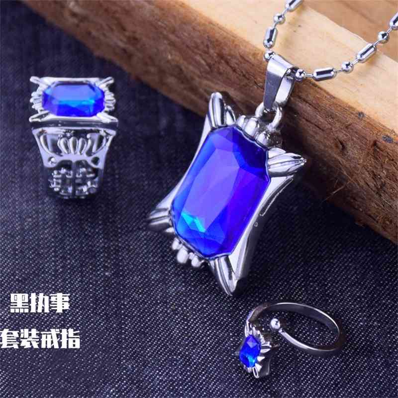 

animation accessories black deacon diamond blue pendant ring necklace set