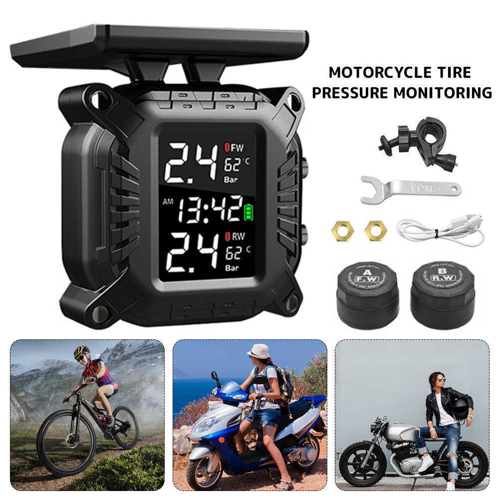 

TPMS Motorcycles Tyre Pressure Monitoring System with 2 Sensors LCD Display Auto Alarm System Wireless Solar Real-time Tester