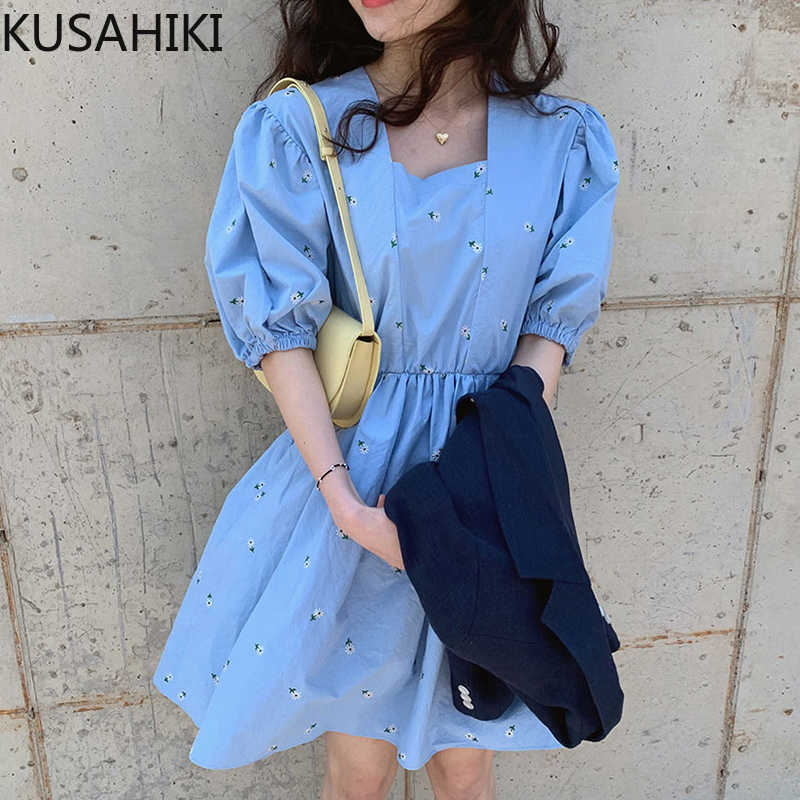 

Korean Floral Embroidery Dresses Puff Sleeve Square Collar Women Dress High Waist A-line Mini Vestidos Mujer 6G397 210603, White