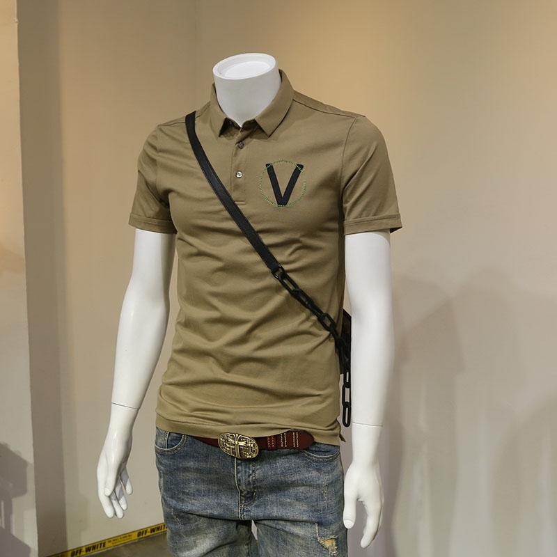 

Big V embroidered Paul Lapel slim fit t- cotton men's Polo Shirt Men's short sleeve fashion brand plol shirt trend, Khaki