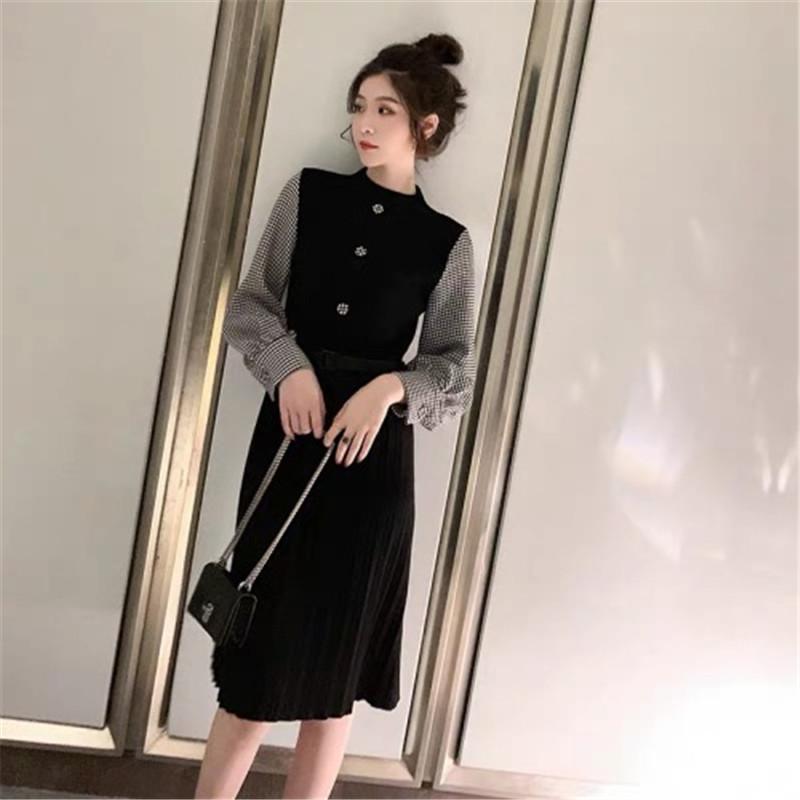 

Casual Dresses Vintage Plaid Pleated Sweater Dress Women Autumn Chic Patchwork Lantern Sleeve Knitted With Belt Party A394, Black