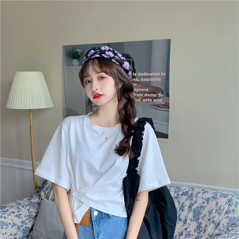 

4 colors 2021 Summer korean style solid color irregular short sleeve t shirts womens tee shirt femme (w63529), White