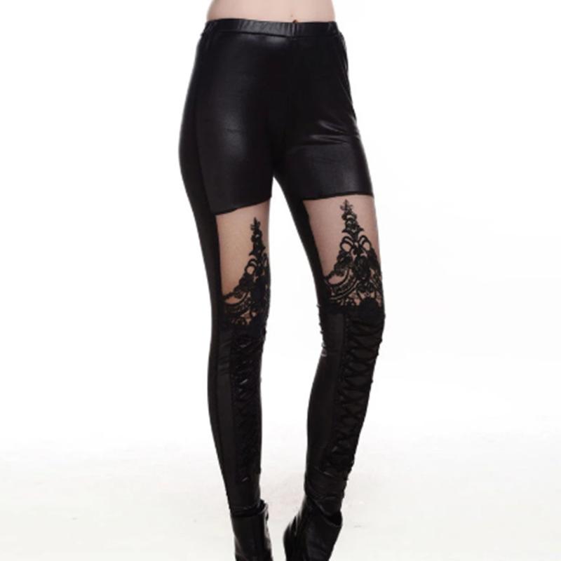 

Women' Leggings 2021 Sexy Punk Style Lace Splicing Black High Waist PU Women Long Legs Fitness