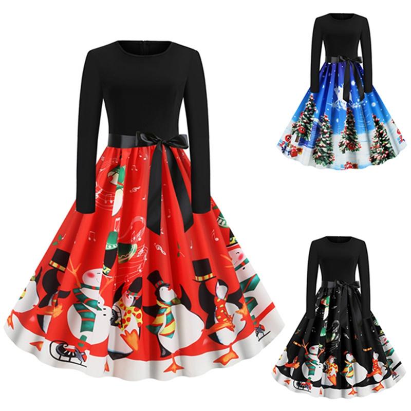 

Casual Dresses Women' Christmas Retro Dress Print Party Big Swing, Black