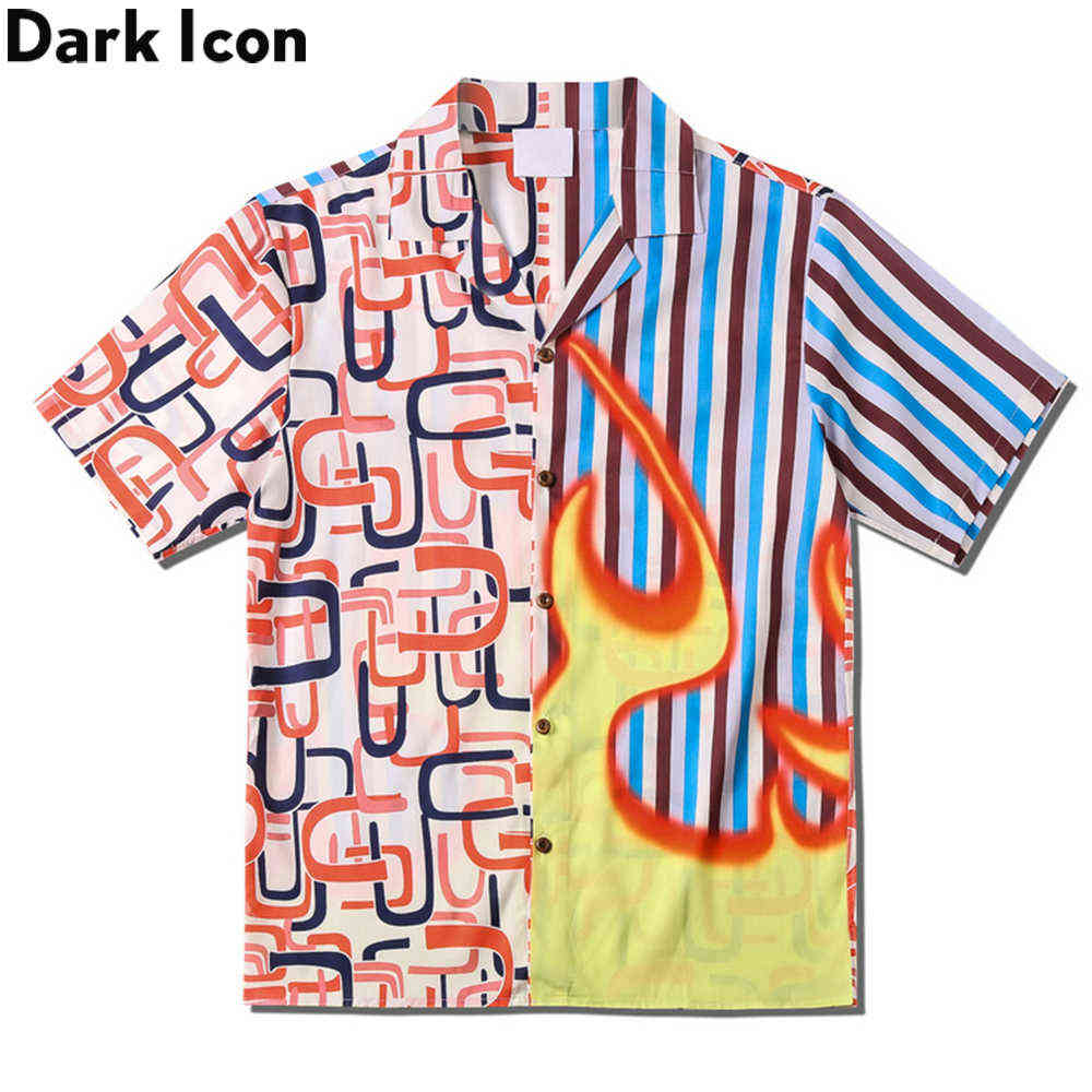 

Flame Stripe Patchwork Vintage Shirts Street Fashion Men' Shirt Summer Hawaiian Shirt 210603