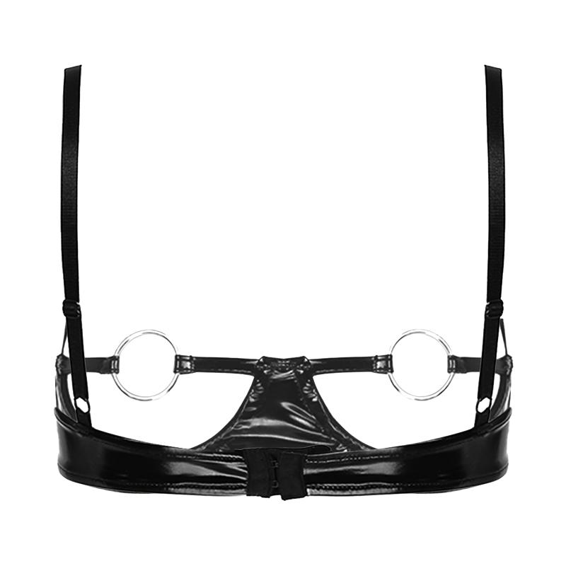 

Bras Women Sexy Open Cups O Ring Wireless Patent Leather Bra Bikini Lingerie Ladies Adjustable Straps Hollow Out Brassiere Underwear, Black