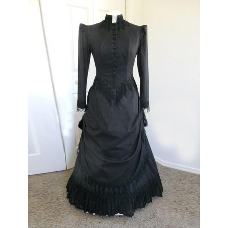 

Casual Dresses 2021 Black Long Sleeve Classic Gothic Victorian Party Dress 18th Century Cotton Bustle Ball Gowns Theater Clothing, As picture