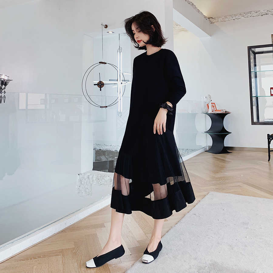 

VANVICH Spring and Summer Women Dress Pluz Size Fashion Casual Ladies Long-sleeved Round Collar Clothing 210615, Black