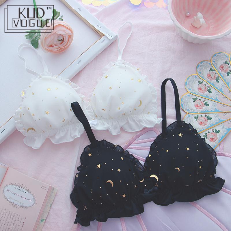 

Bras Sets Women Intimates Lingerie Set Star Heart Japanese Small Sexy Girls Chest Underwear Suit Lovely Lace Steel Ring Soft Student Bra, Black