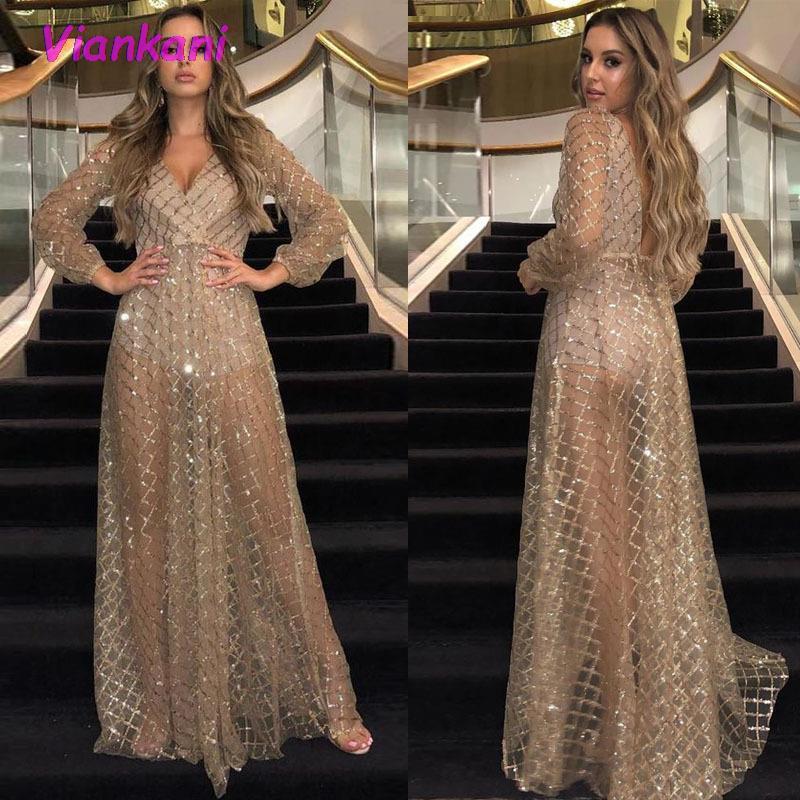 

Casual Dresses Party 2022 Style Autumn Lady Sexy V-Neck See Through Backless Sequins Formal Gown Vestidos, Black