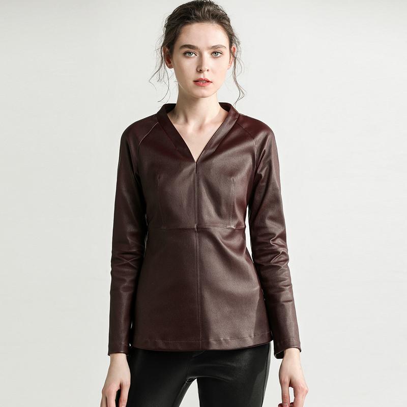 

Women's Leather & Faux Elegant Fashion Womens Genuine Short Slim Stretch V-Neck Casual Jackets Natural Sheepskin Pullover Zippers Thin Coat, Black