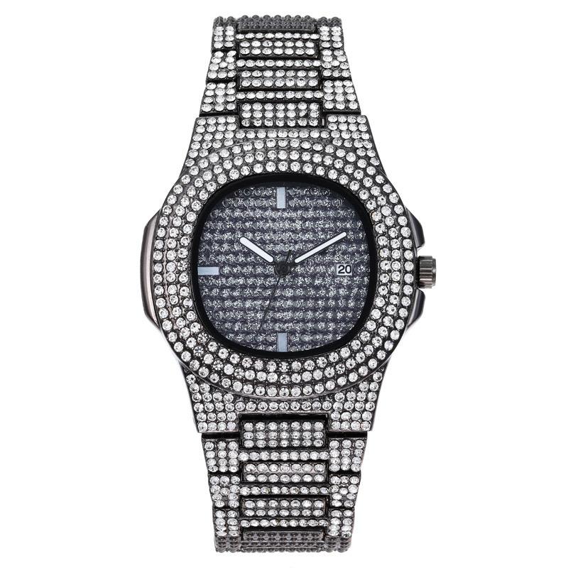 

Wristwatches Top Mens Watches Full Steel Rhinestone Role Hip Hop Quartz Wristwatch Fashion Diamond Watch Relogio Masculino, Slivery;brown