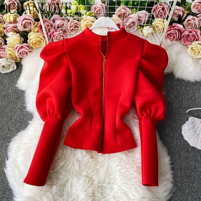 OCEANLOVE Blusas Mujer Solid Stand Collar Puff Sleeve Autumn Ins High Fashion Women Blouses Vintage Korean Elegant Shirts 19024 210317