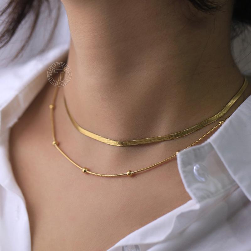 

Chains Vintage Women 2Pcs/Sets Snake Beaded Chain Necklace Stainless Steel Flat Herringbone Link Choker For Girls DNF06