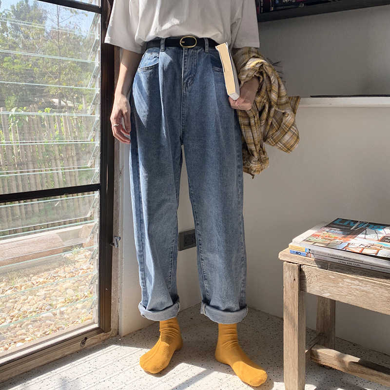 

Spring Summer Korean Pleated Wide Leg Pants High Waist Loose Jeans Full Length Trousers Female Sk3561 210607, Dark blue