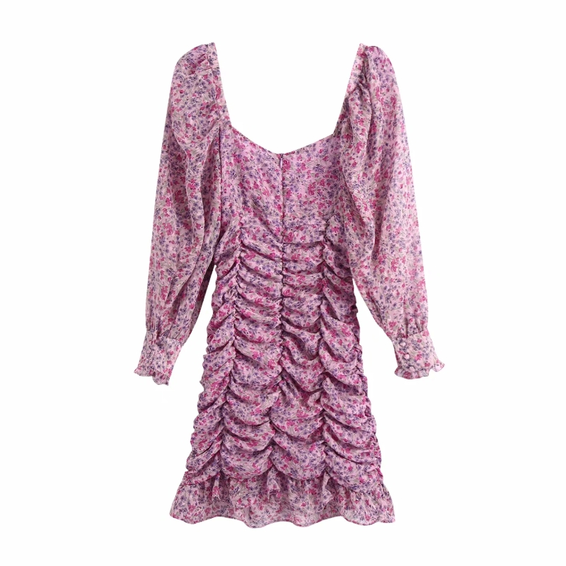 

2021women floral printing chiffon pleated dress femme lantern sleeve slim clothes casual lady vestido d6587, Black;gray