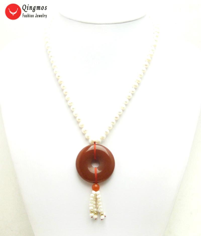 

Pendant Necklaces Qingmos Natural Pearl Necklace For Women With 6-7mm White Round & 40mm Donuts Shape Red Agates Jewelry