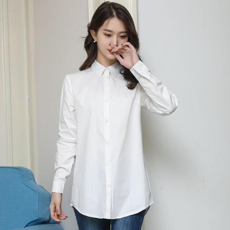 

Women' Blouses & Shirts Pure Cotton White Shirt Long-Sleeved Tops 2021 Spring And Summer Loose Versatile Mid-Length Bottoming, Sky blue
