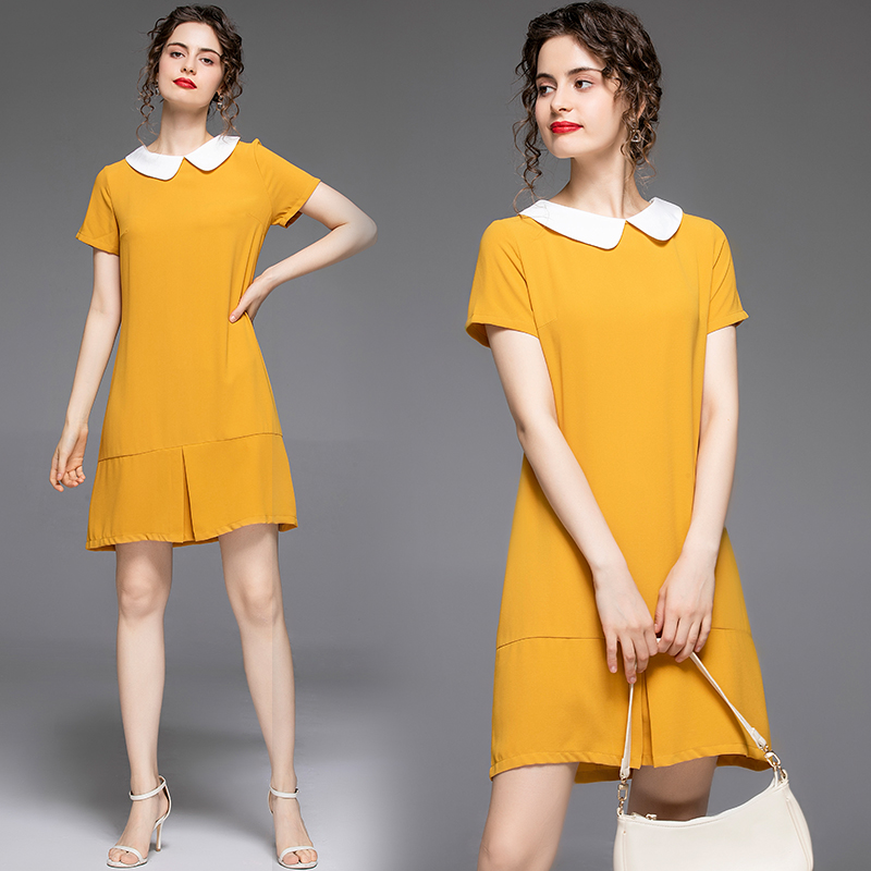 

2021 Fashion Elegant Yellow Dress Runway Designer Short Sleeve Lapel Business Party Holiday Office Ladies Solid Color Dresses Autumn Summer Casual Women Clothes, 02