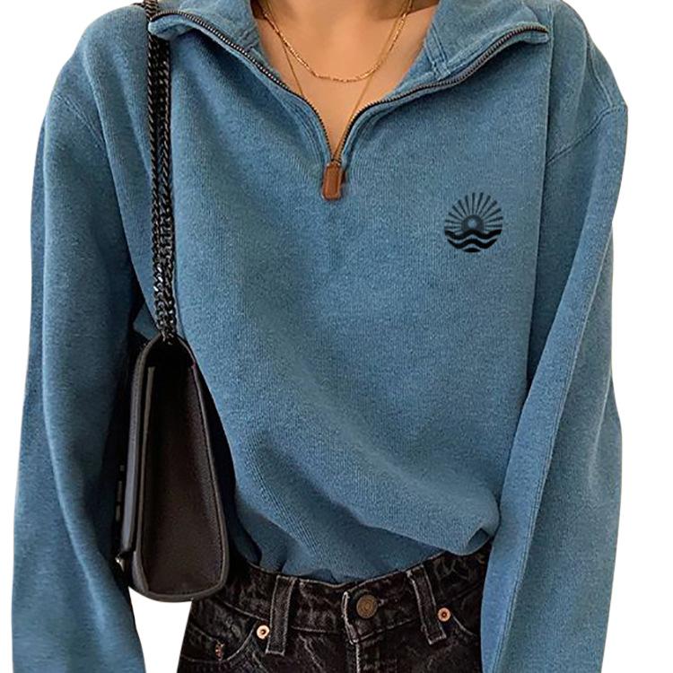 

Women' Hoodies & Sweatshirts Fashion Women Hoodie Winter Temperament Pullover Lapel Loose Zipper Casual Basic Vintage Us Style Sweatshirt, Blue
