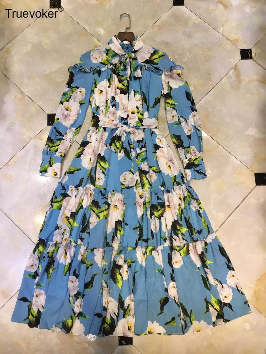 

Truevoker Spring Fashion Promotion Dress Lady Long Sleeve Bow Collar Blue Floral Print Party 210602, Sky blue
