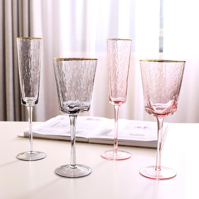

Valentine's Day Atmosphere Creative Hammer Pattern Description Gold Edge Pink Crystal Glass Red Wine Champagne European Glasses