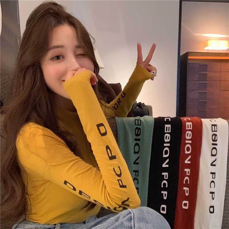

Small turtleneck stretch Slim T-shirt female letter printing long-sleeved top autumn and winter casual Korean 210604, Green