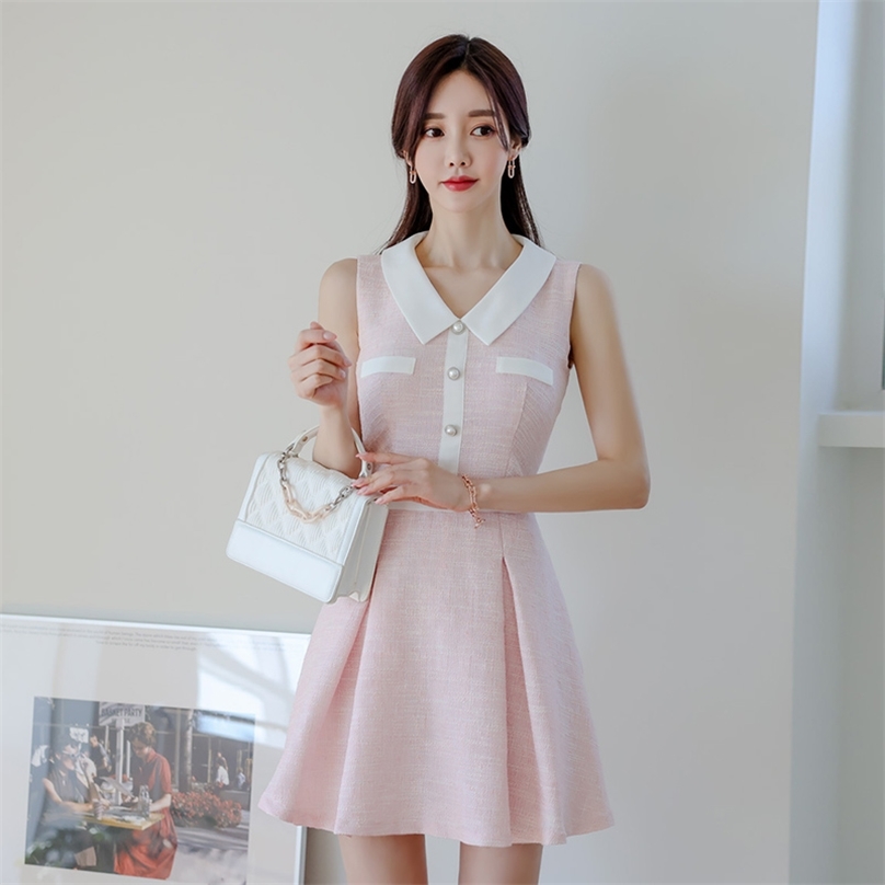 

pink A line Dress korean ladies Sexy summer SLeevelss pleated cabaret Party Mini Dresses for women 210602