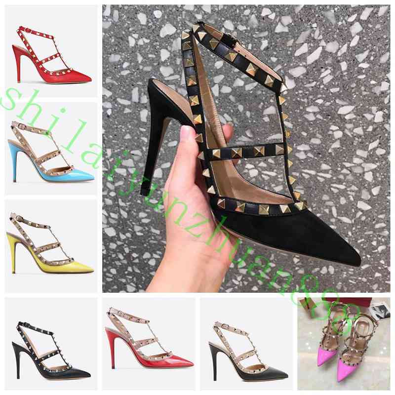 

original Designer Pointed Toe 2-Strap with Studs high heels Leather rivets Sandals Women Studded Strappy Dress Shoes size 35-43, Black