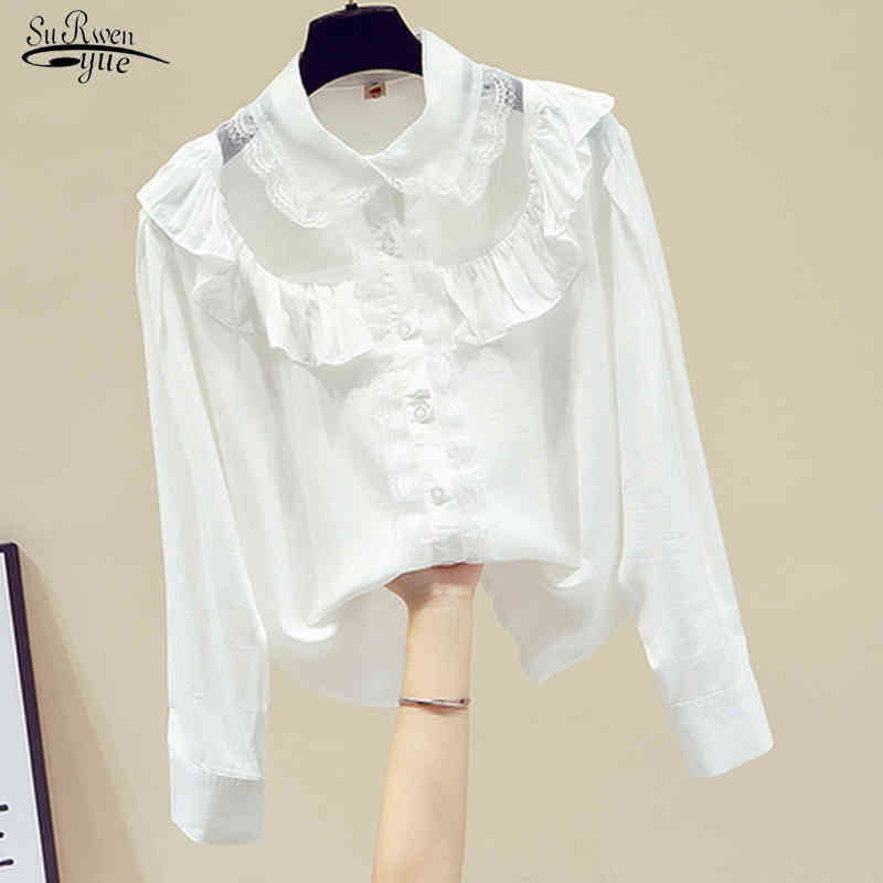 

Women' Spring French Style Doll Collar Ruffle Elegant Blouse White Shirt Lace Mesh Stitching Long Sleeve Chiffon Tops 13011 210521