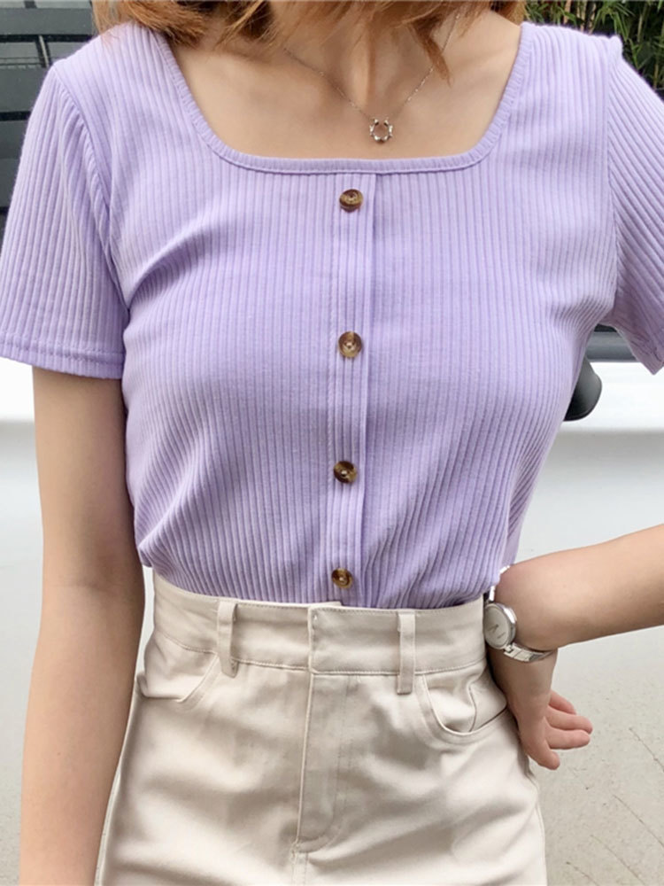 

Summer Square Neck Knitted T-shirts Women Cute Tees Solid Cotton Short Sleeve T-shirt T-Shirt Womem 210518, Blue