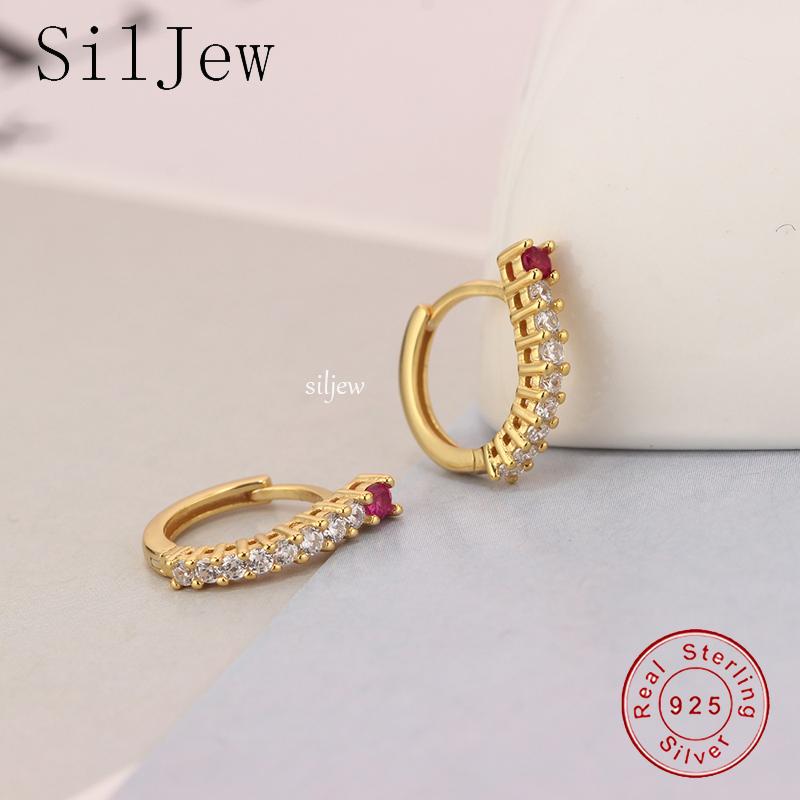 

Hoop & Huggie SilJew 925 Sterling Silver Gold Pink Zircon Charm Huggies Crystal Clips Circle Rock Punk Round Piercing Fine Jewery Brincos