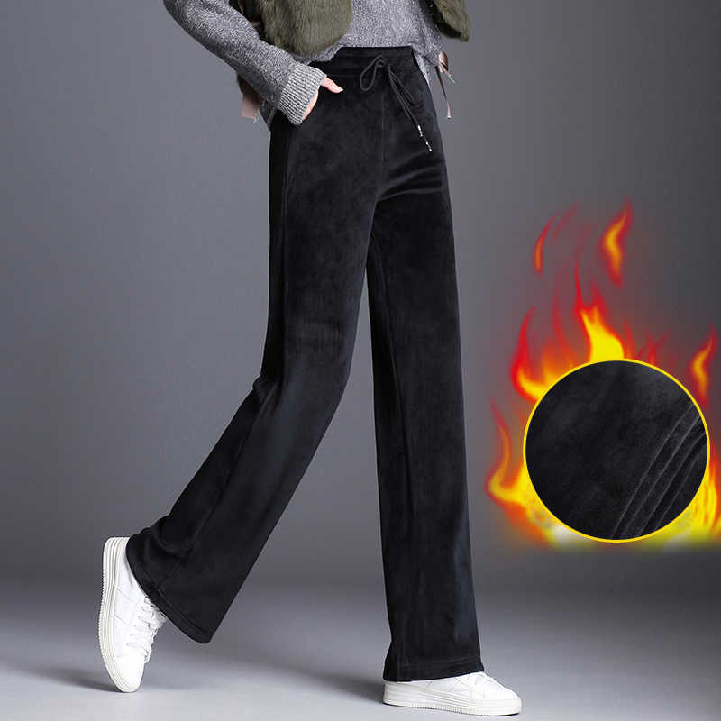 

vintage winter warm fleece thick women' pants female high waist wide leg capris for women trousers woman Plus size 210608, Gray