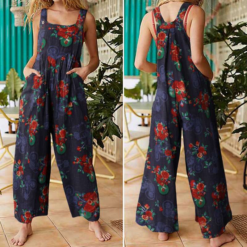 

Women Fashion Sleeveless Straps Wide Leg Pants Sexy Printed Rompers Summer Jumpsuits Casual Long Overalls Vintage Suspenders 5XL, A style red