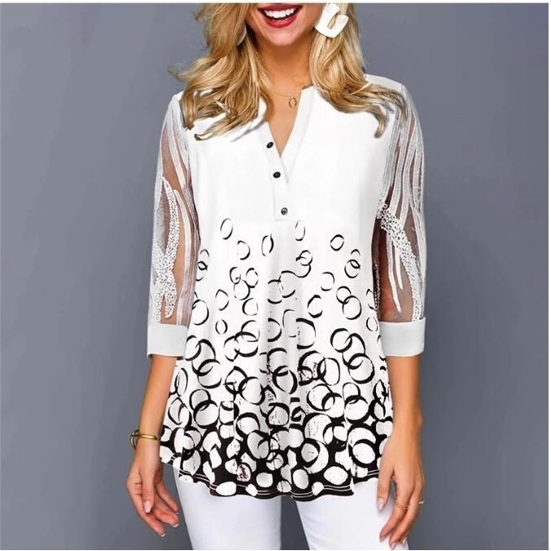 Plus Size 4xl 5XL Shirt Blouse Female Spring Summer New Tops V-neck Half Sleeve Lace Splice Print Boho Women shirt 210317